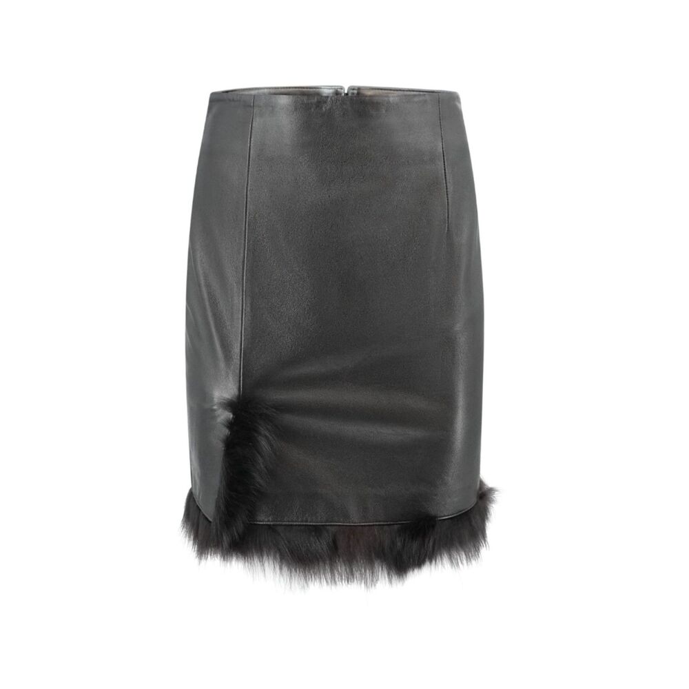 Vintage Jean Claude Jitrois Black Lamb Leather Pencil Skirt with Fox Fur Trim 40